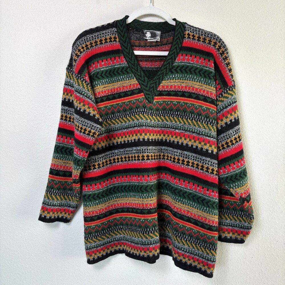 In Charge Vintage Sweater Womens L‎ Red Green Gold Striped V Neck Holiday USA
